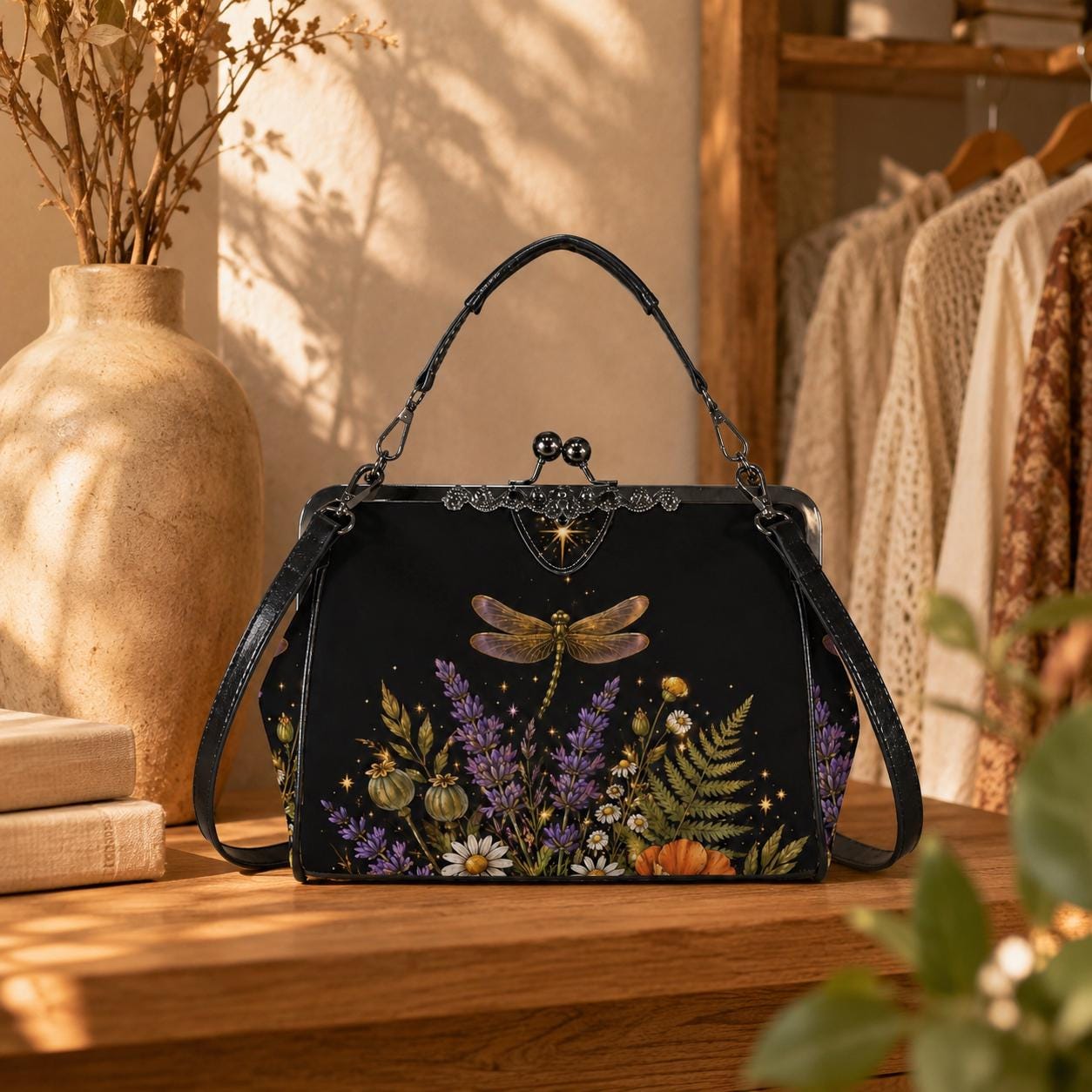 Witchy Dragonfly Kiss Lock Handbag, Botanical Cottagecore Shoulder Bag