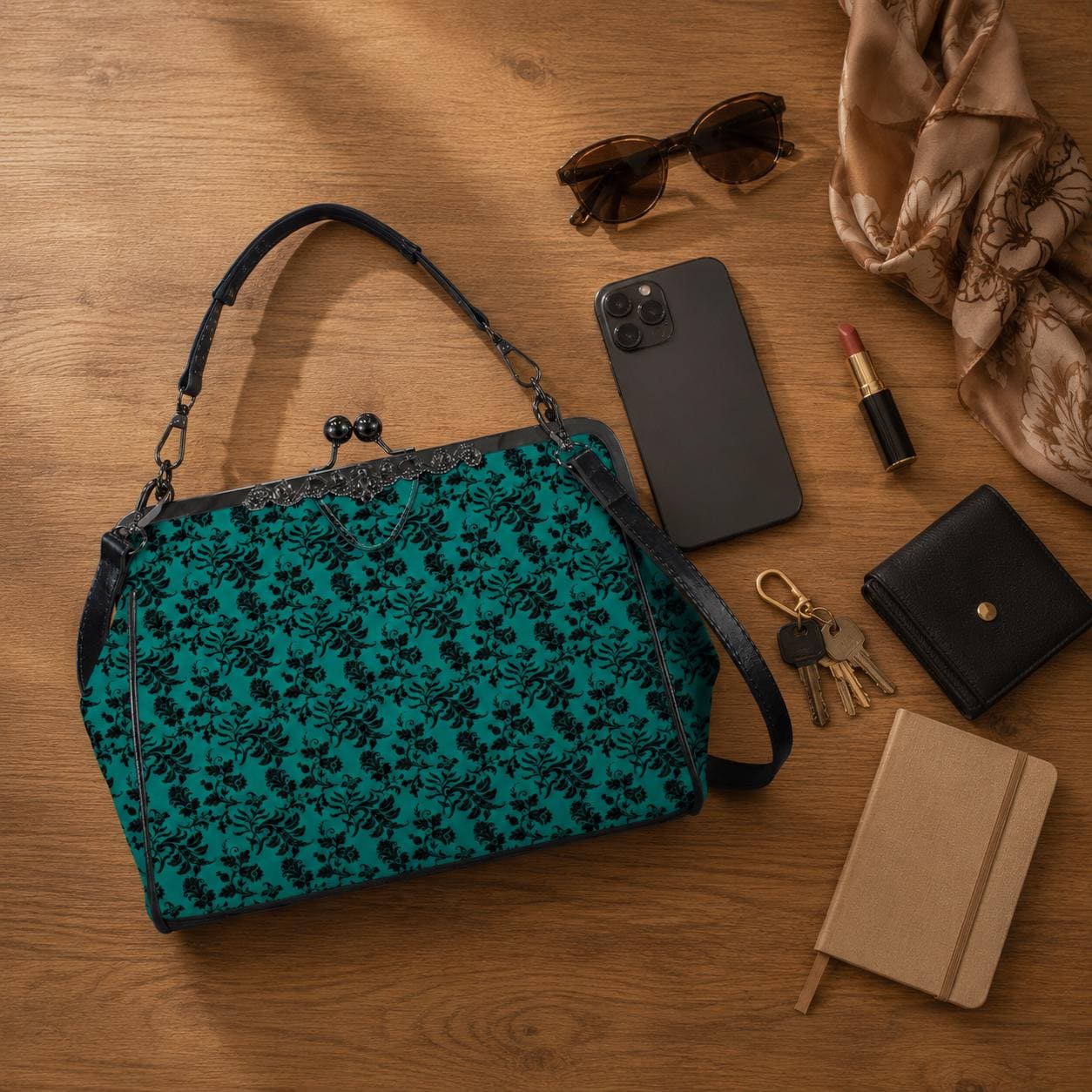 Gothic Teal Damask Kiss Lock Purse, Victorian Frame Handbag, Dark Academia Crossbody Bag