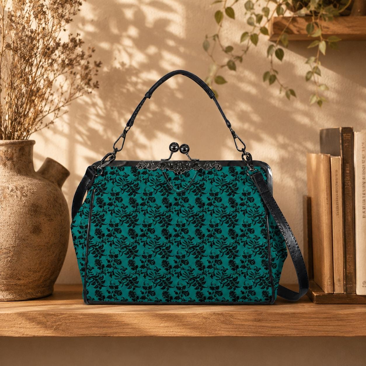 Gothic Teal Damask Kiss Lock Purse, Victorian Frame Handbag, Dark Academia Crossbody Bag