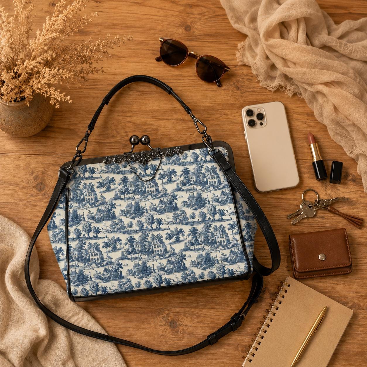 Blue Toile Handbag, Chinoiserie Kiss Lock Purse, French Country Shoulder Bag