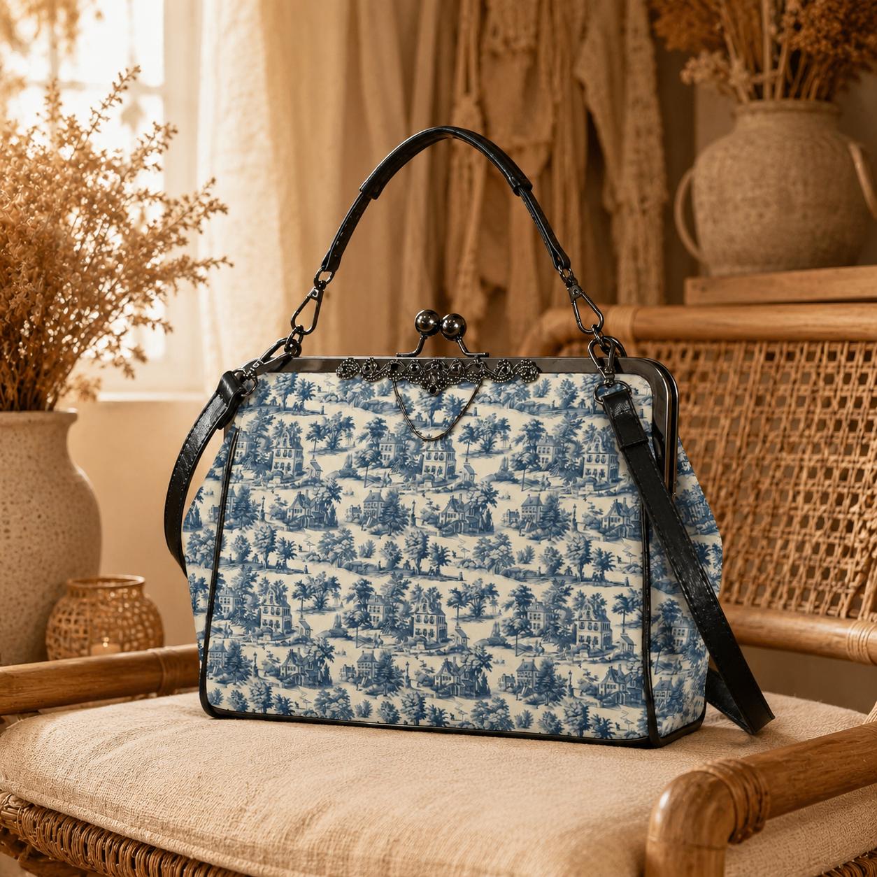 Blue Toile Handbag, Chinoiserie Kiss Lock Purse, French Country Shoulder Bag