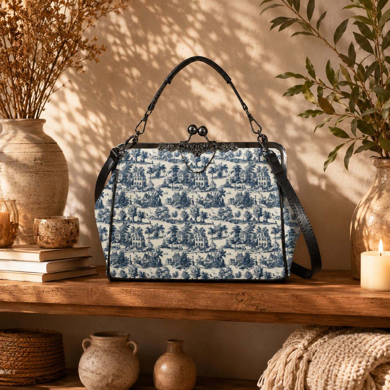 Blue Toile Handbag, Chinoiserie Kiss Lock Purse, French Country Shoulder Bag