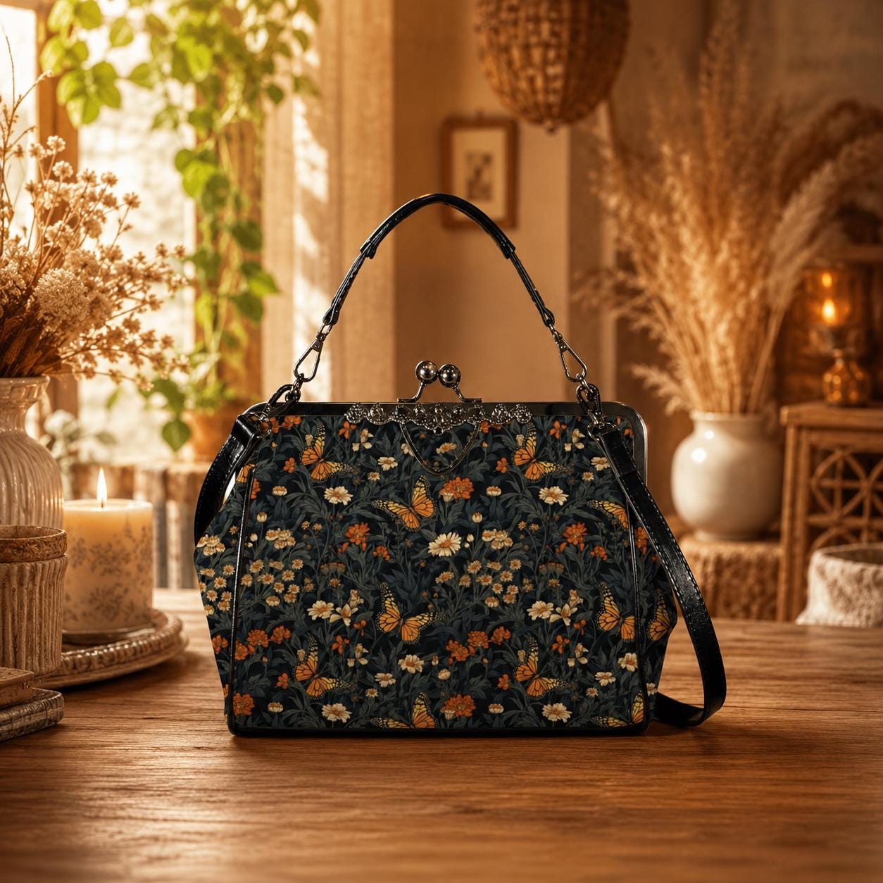 Dark Floral Butterfly Kiss Lock Handbag, Cottagecore Whimsigoth Crossbody Bag