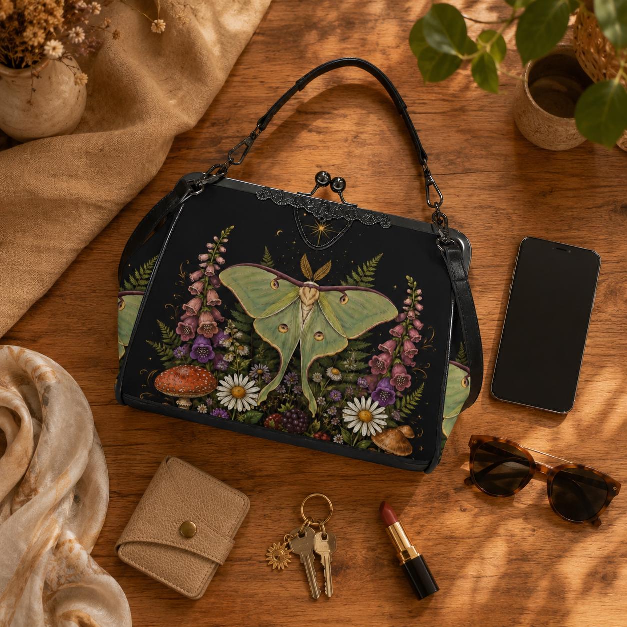 Luna Moth Wildflower Kiss Lock Handbag, Woodland Botanical Print Shoulder Bag
