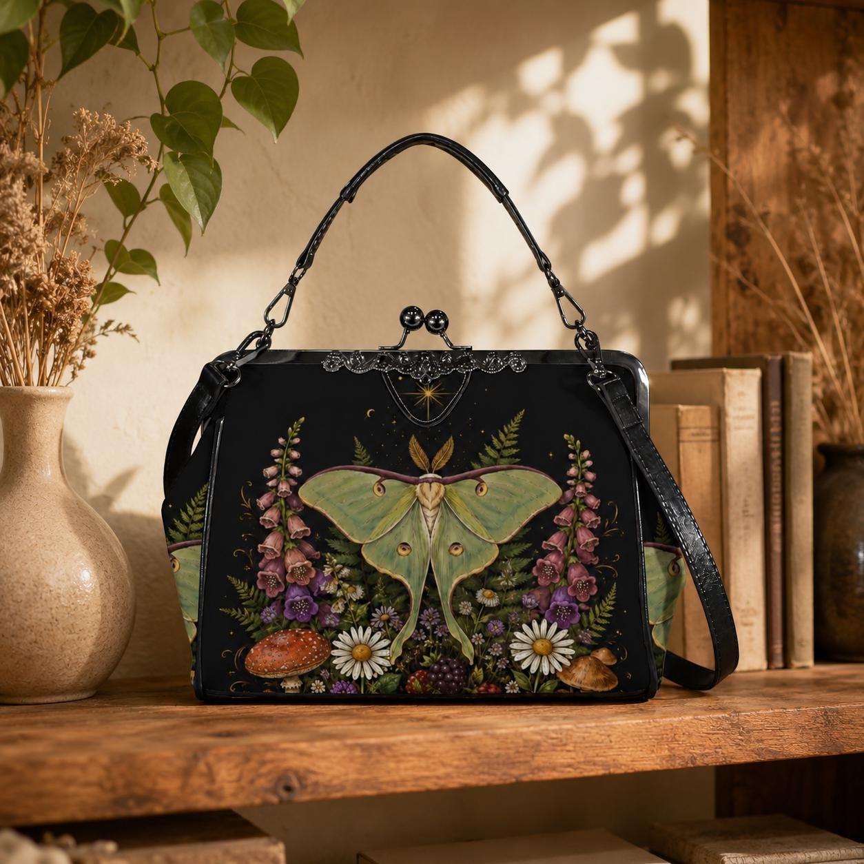 Luna Moth Wildflower Kiss Lock Handbag, Woodland Botanical Print Shoulder Bag