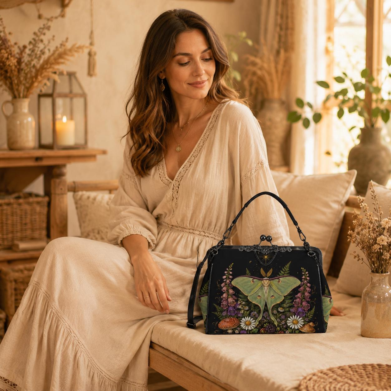 Luna Moth Wildflower Kiss Lock Handbag, Woodland Botanical Print Shoulder Bag