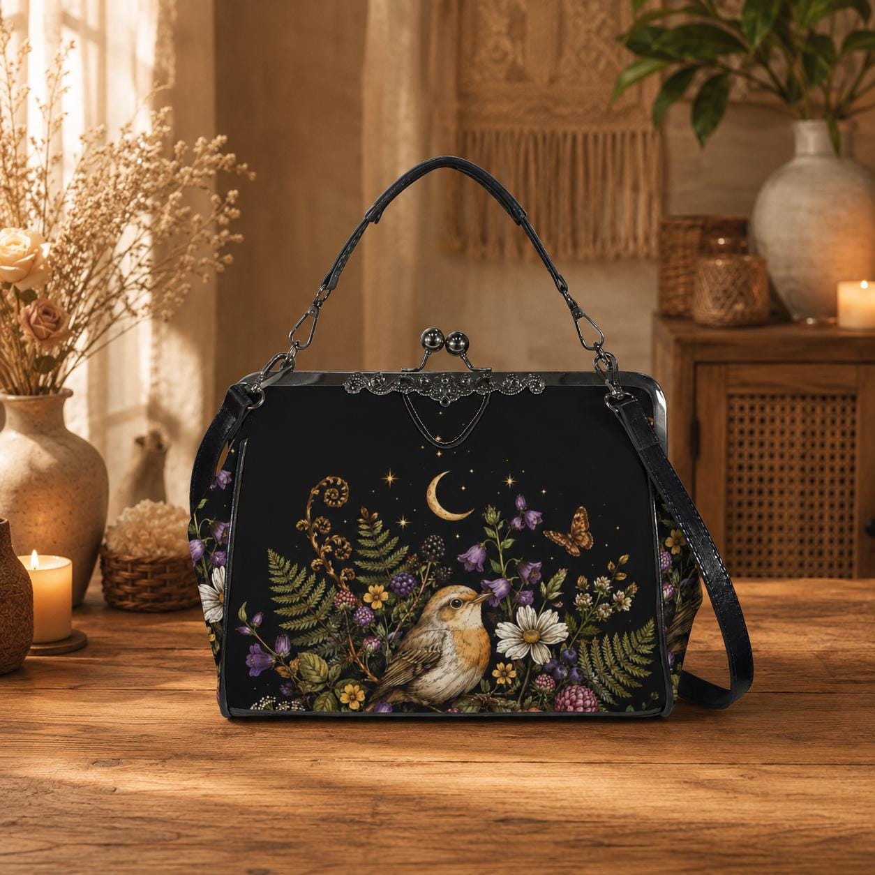 Whimsigoth Bird Moon Kiss Lock Handbag, Black Floral Garden Shoulder Bag