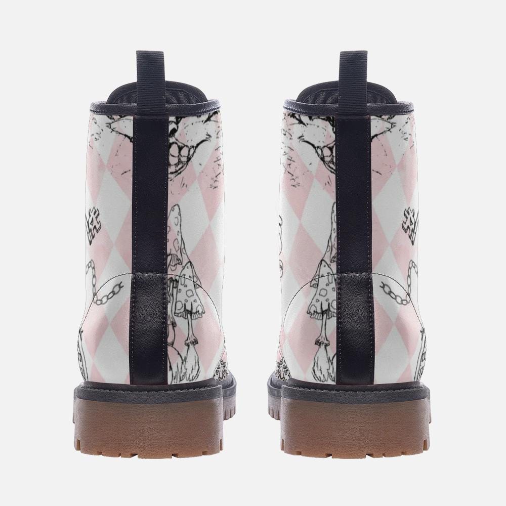 Wonderland Mushroom Combat Boots, Pink Alice Check Lace Up Shoes, Cottagecore Fairycore Print