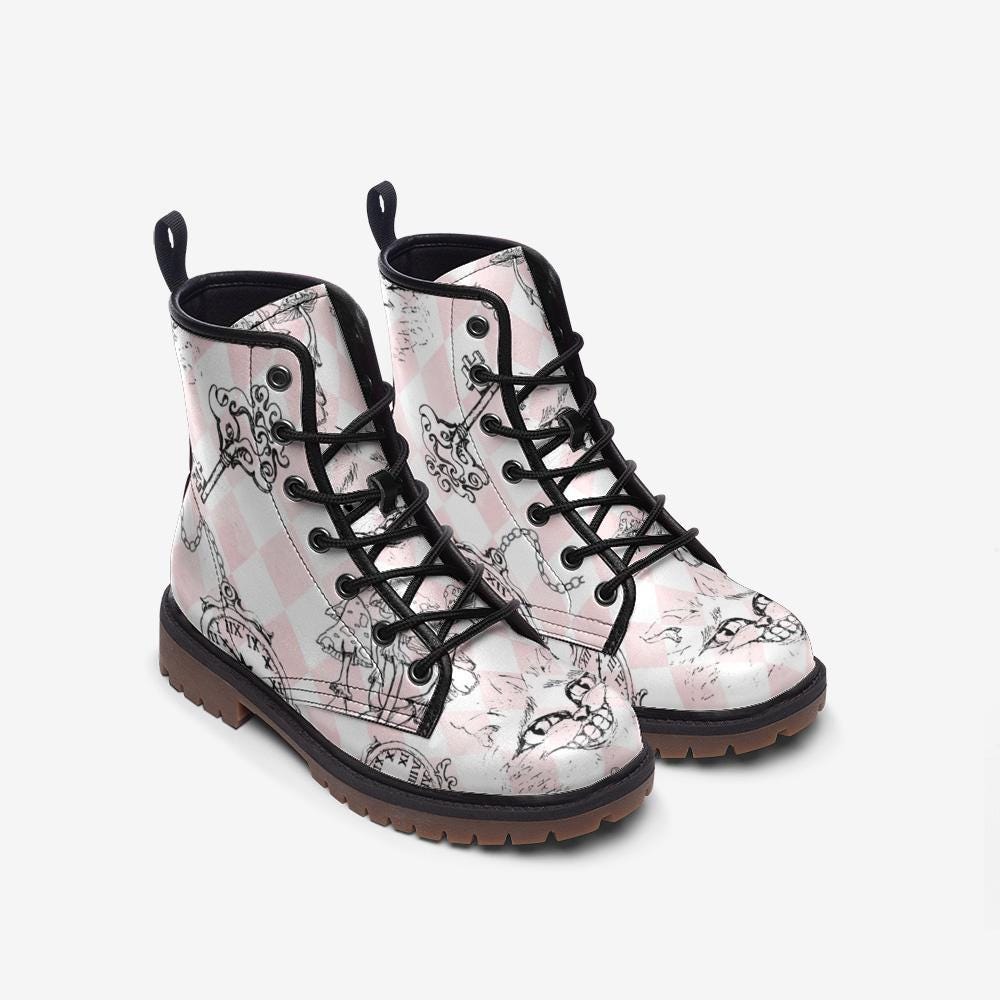 Wonderland Mushroom Combat Boots, Pink Alice Check Lace Up Shoes, Cottagecore Fairycore Print