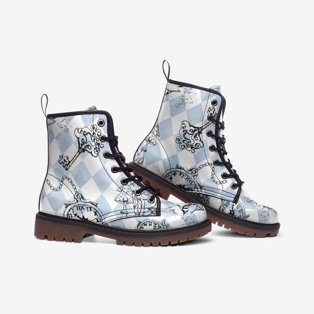 Alice in Wonderland Harlequin Boots, Mushroom Pocket Watch Print, Vegan Leather Lace Up