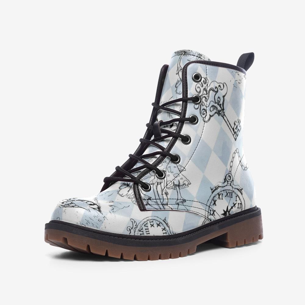 Alice in Wonderland Harlequin Boots, Mushroom Pocket Watch Print, Vegan Leather Lace Up