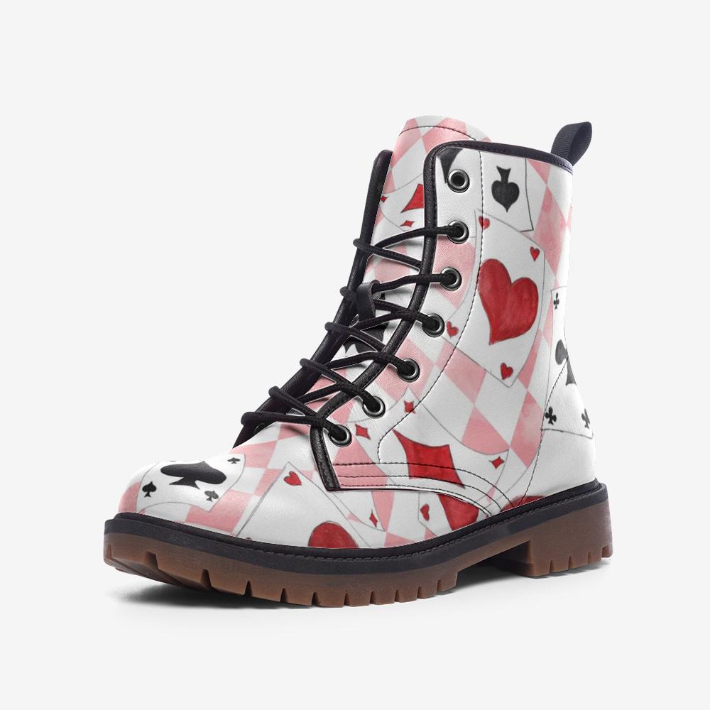 Wonderland Playing Card Combat Boots, Pink Harlequin Check Alice Cosplay Shoes