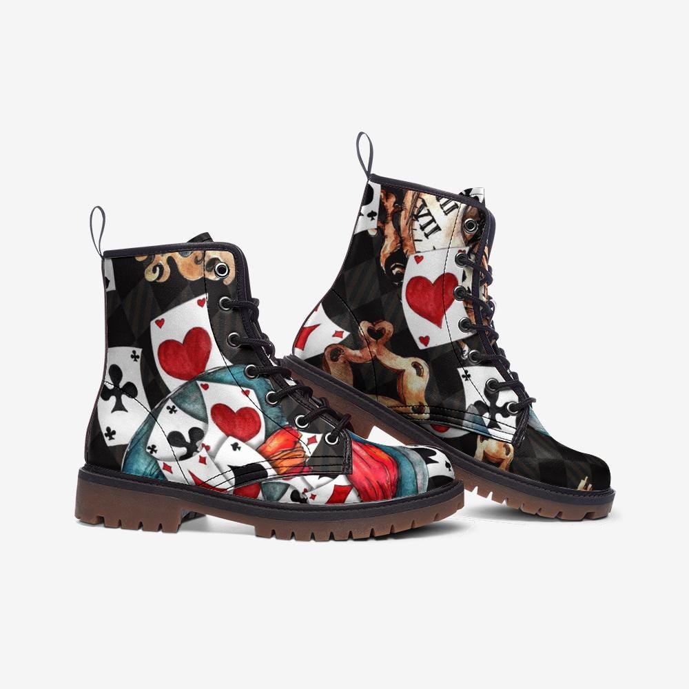 Mad Hatter Watercolor Card Print Combat Boots, Queen of Hearts Lace Up Shoes
