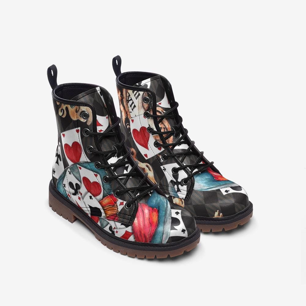 Mad Hatter Watercolor Card Print Combat Boots, Queen of Hearts Lace Up Shoes