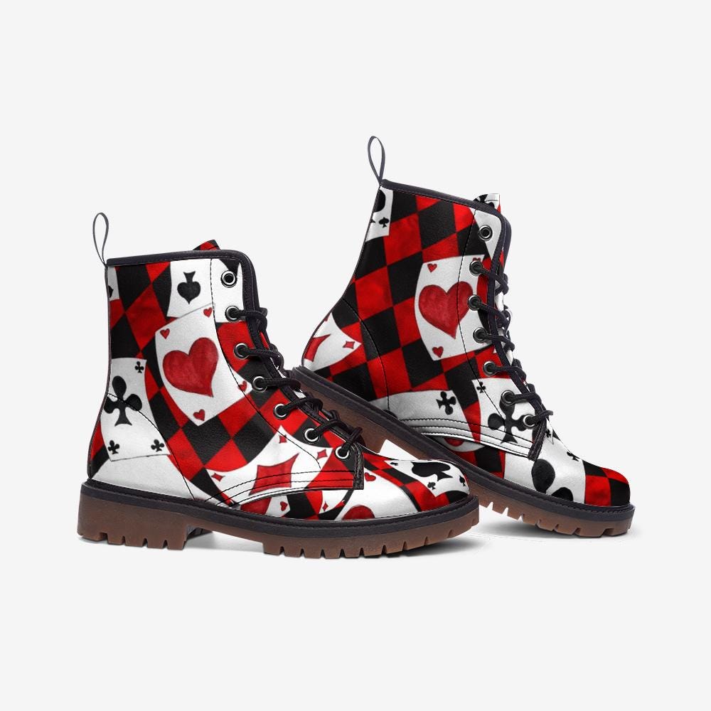 Queen of Hearts Combat Boots, Red Black Card Print Lace Up Shoes