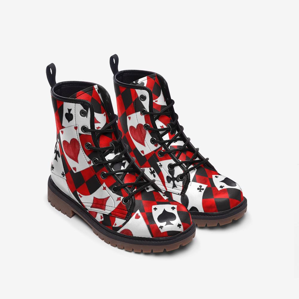 Queen of Hearts Combat Boots, Red Black Card Print Lace Up Shoes