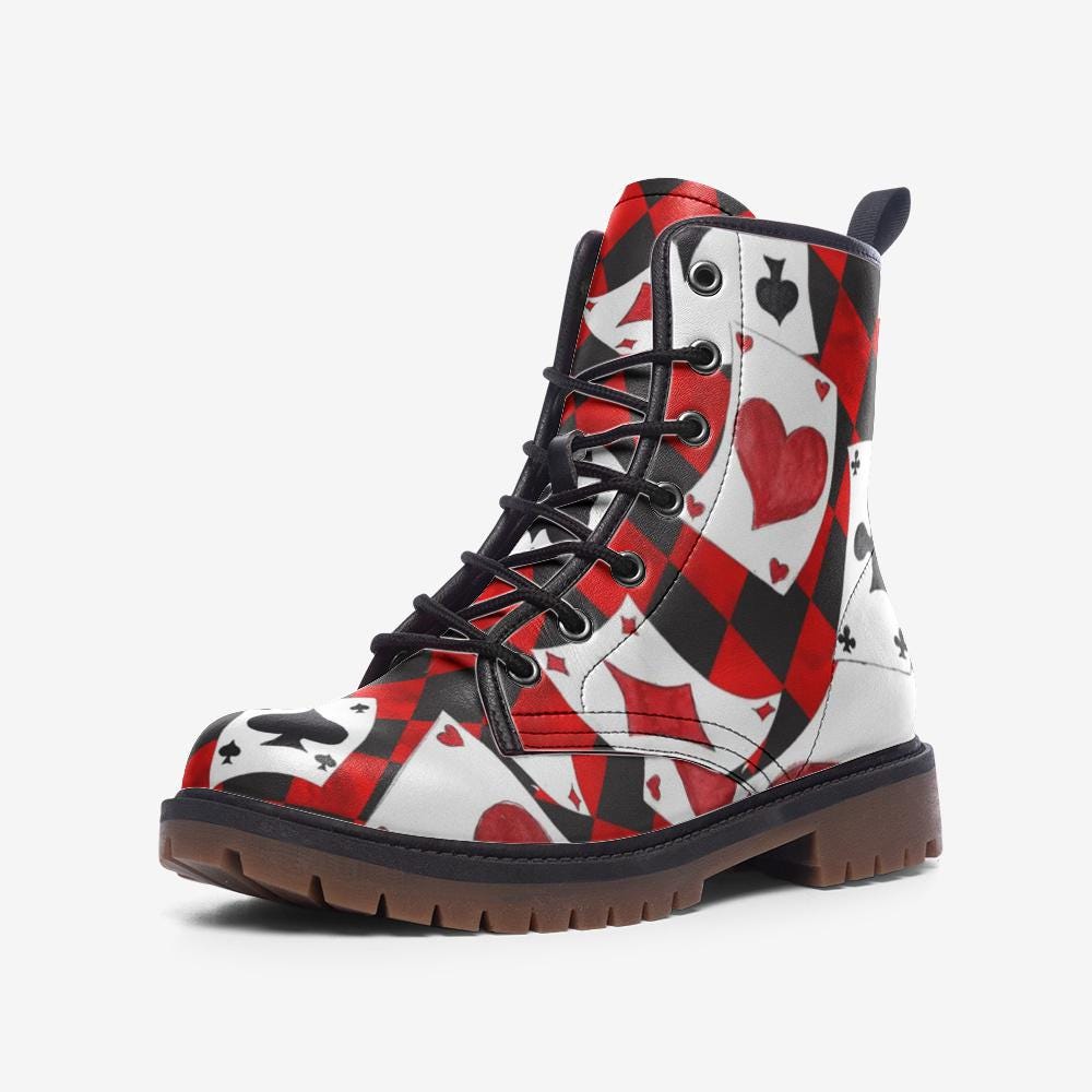 Queen of Hearts Combat Boots, Red Black Card Print Lace Up Shoes