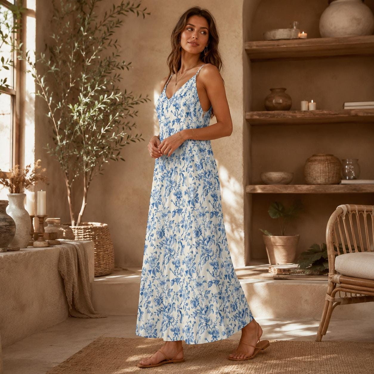 Blue White Chinoiserie Maxi Dress, Coastal Grandmother Floral Sundress, Summer Weddings