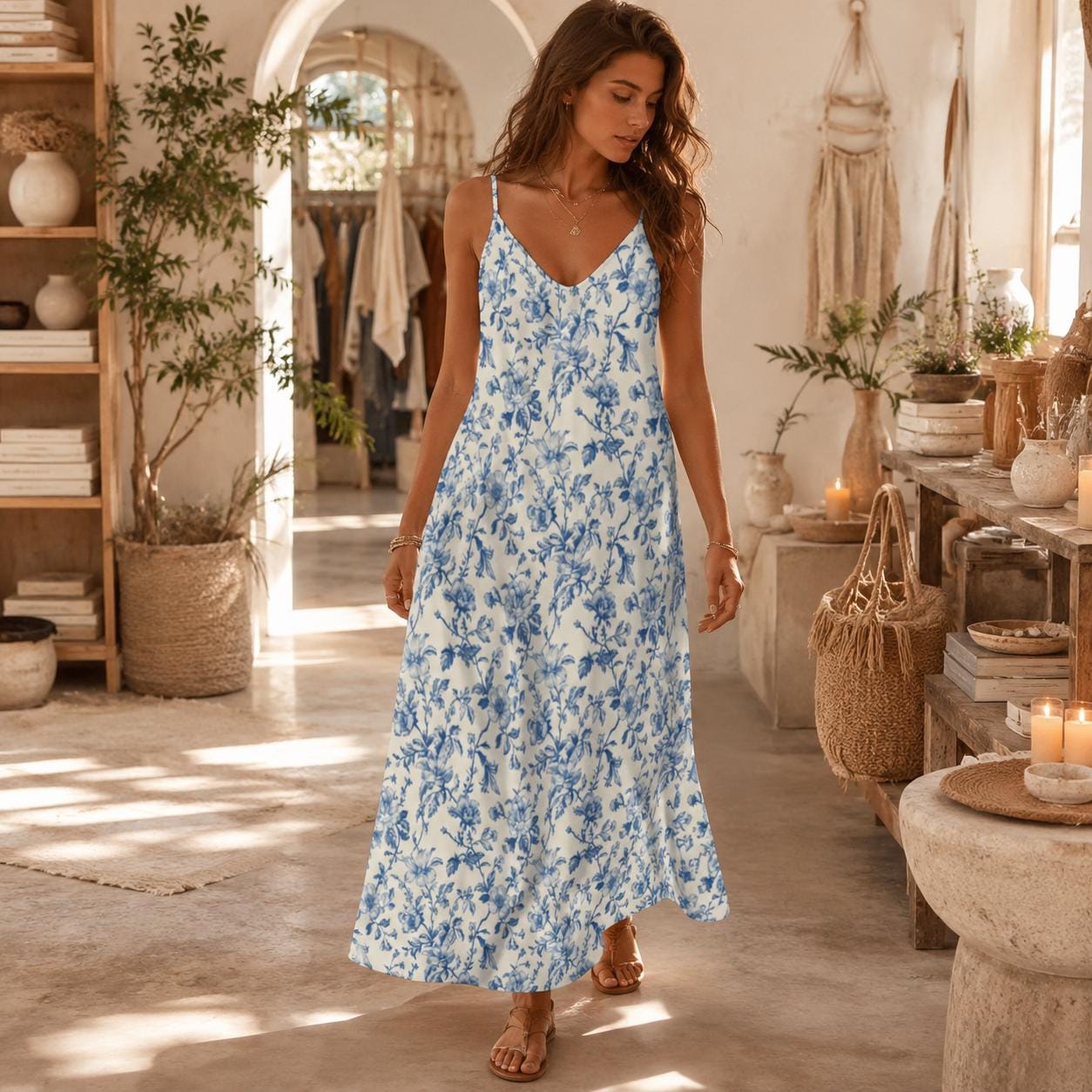 Blue White Chinoiserie Maxi Dress, Coastal Grandmother Floral Sundress, Summer Weddings