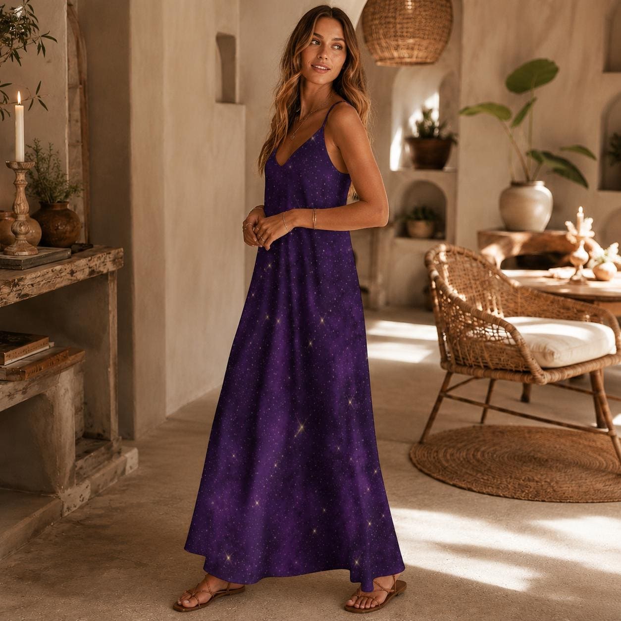 Purple Galaxy Celestial Maxi Dress, Witchy Cosmic Star Print Sundress