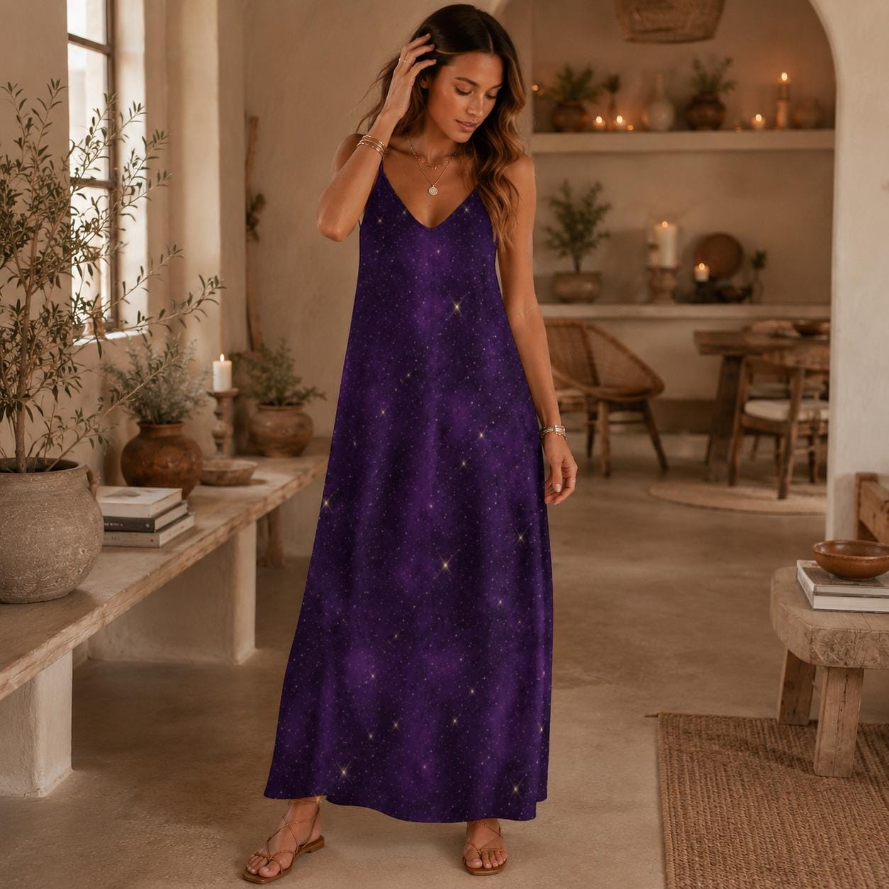 Purple Galaxy Celestial Maxi Dress, Witchy Cosmic Star Print Sundress