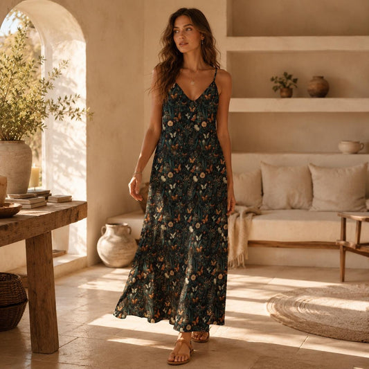 Dark Cottagecore Butterfly Maxi Dress, Woodland Floral Whimsigoth Sundress