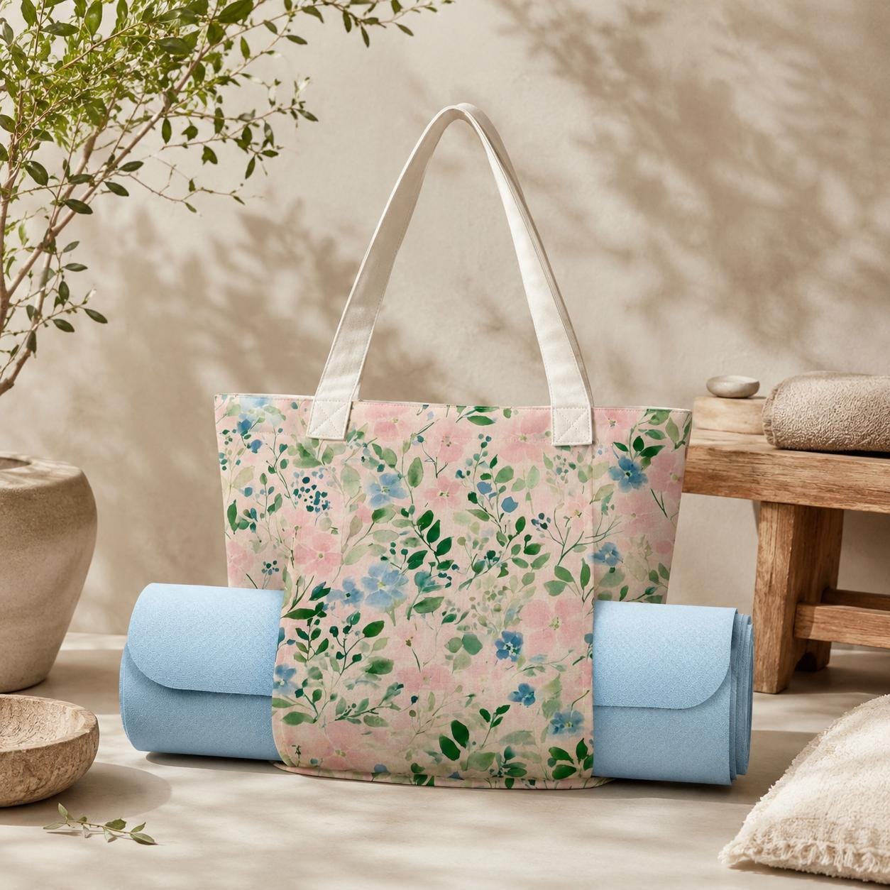 Floral Yoga Bag, Watercolor Flowers Tote with Mat Sleeve, Meditation Gym Bag