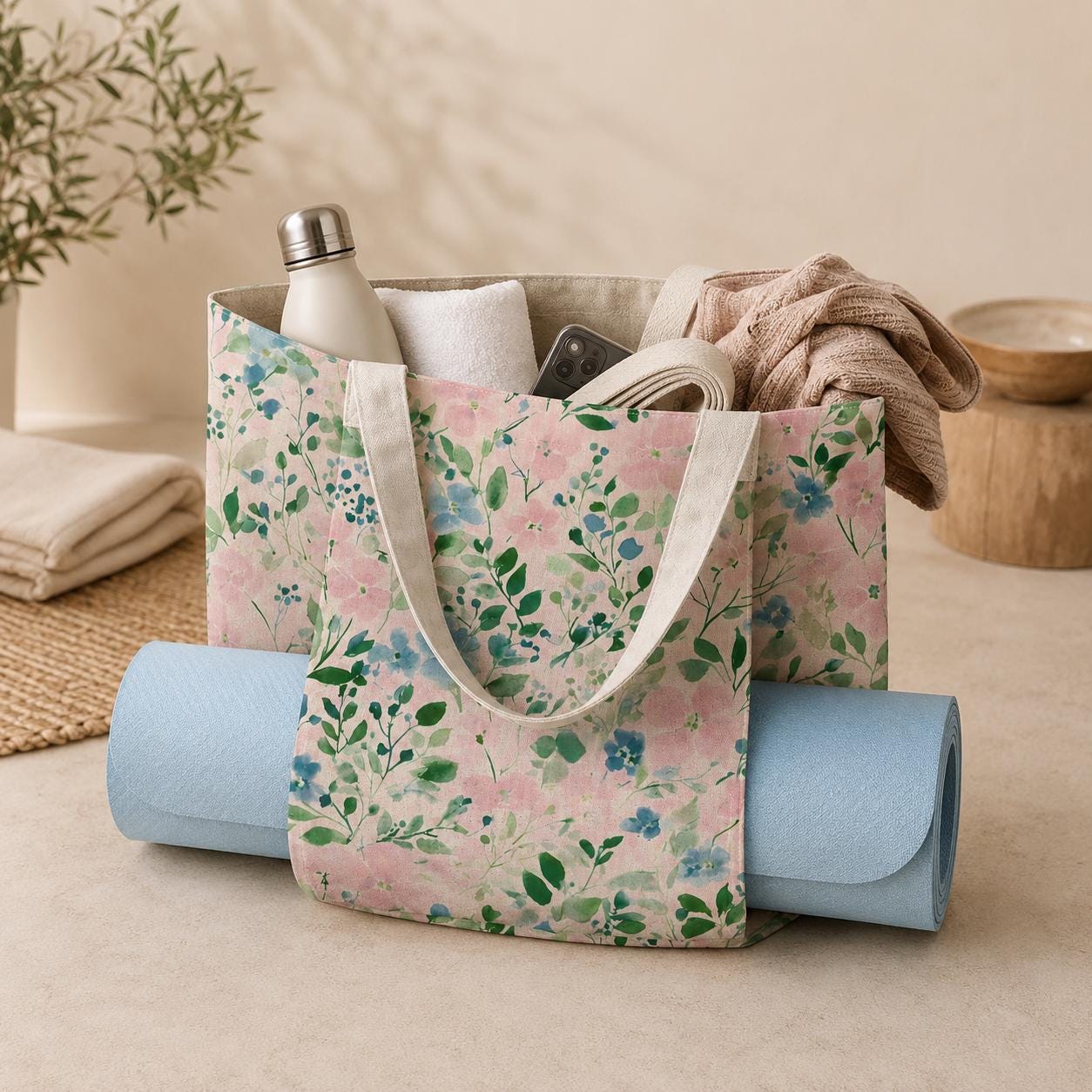 Floral Yoga Bag, Watercolor Flowers Tote with Mat Sleeve, Meditation Gym Bag