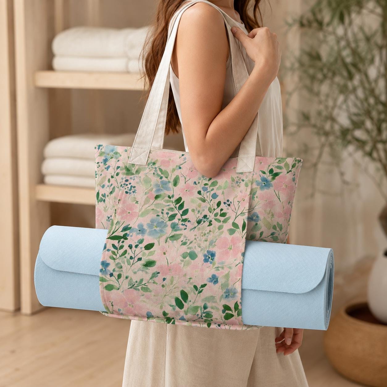 Floral Yoga Bag, Watercolor Flowers Tote with Mat Sleeve, Meditation Gym Bag