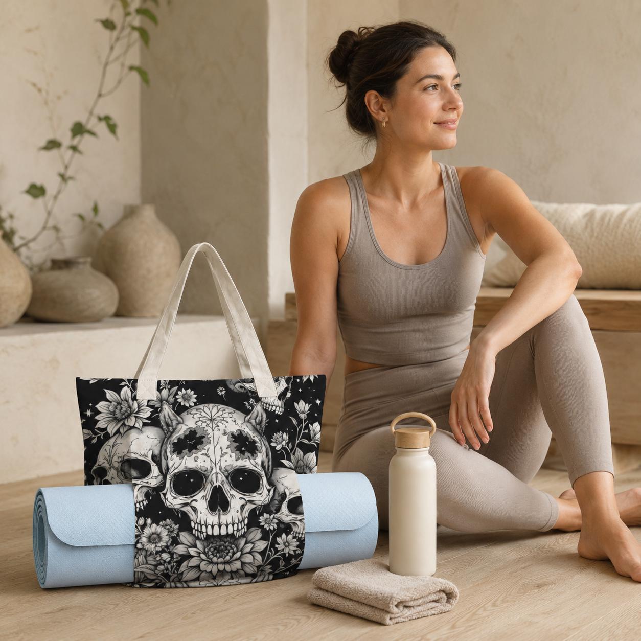 Gothic Skull Floral Yoga Mat Bag, Black White Line Art Tote, Witchy Gym Bag