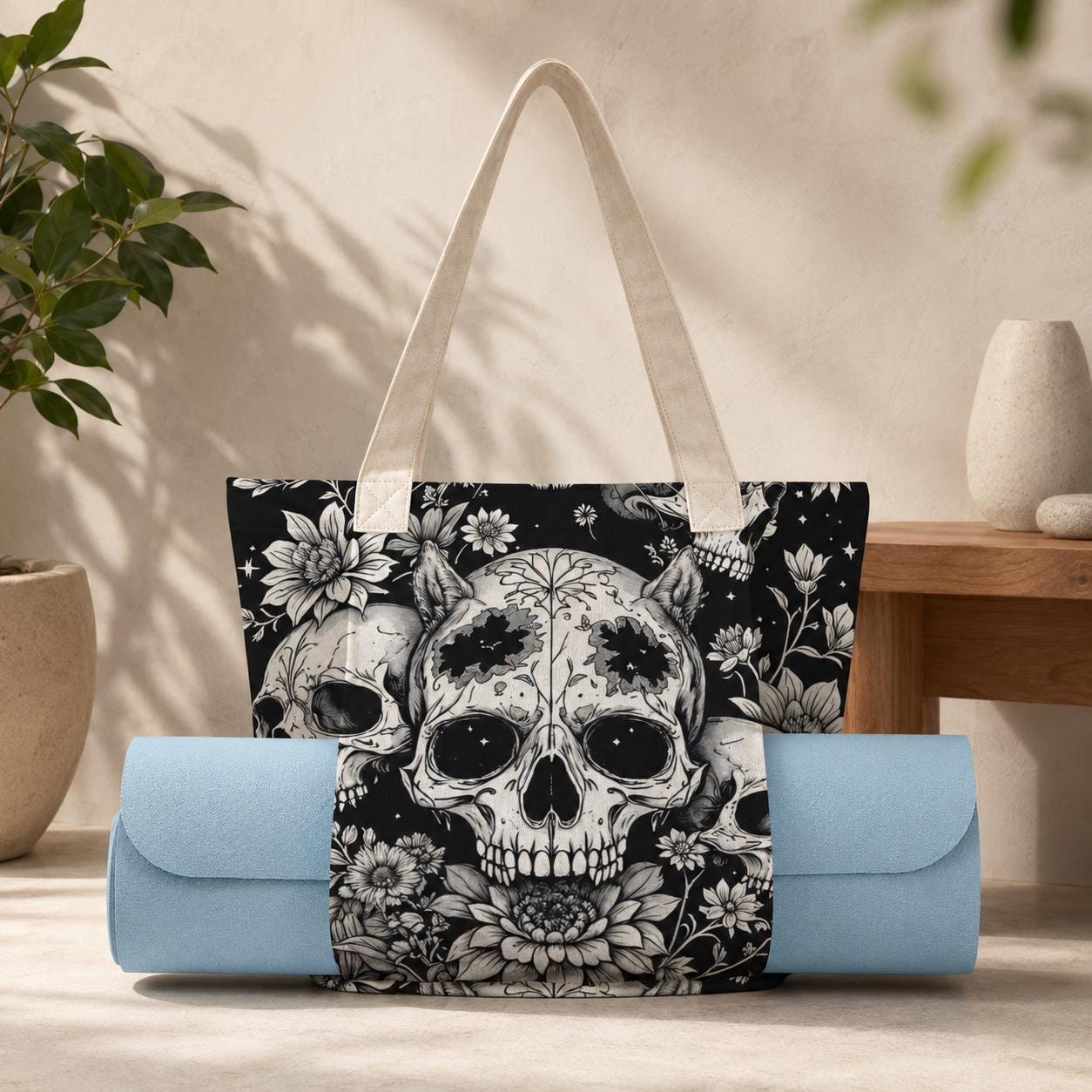 Gothic Skull Floral Yoga Mat Bag, Black White Line Art Tote, Witchy Gym Bag