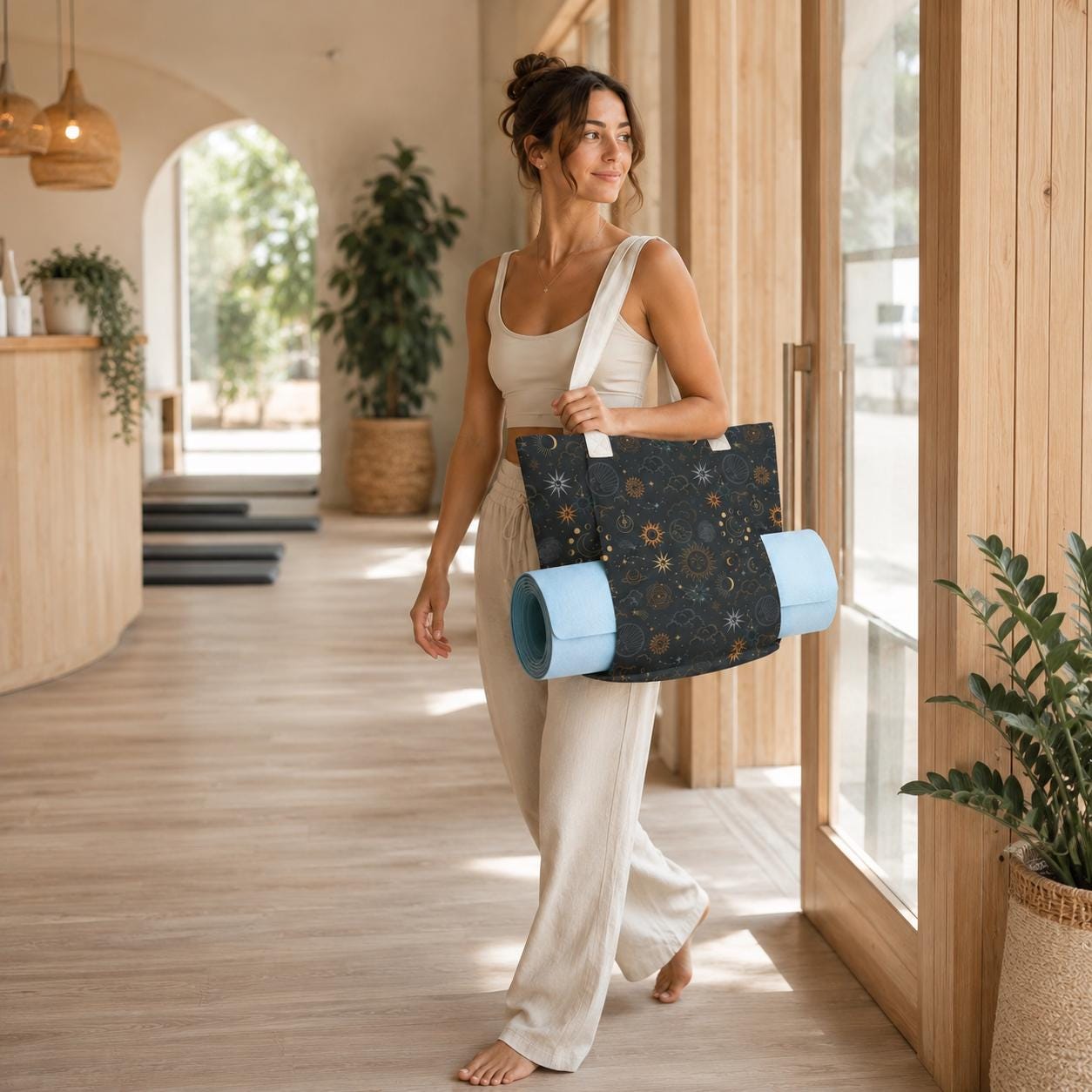 Celestial Yoga Mat Bag, Sun Moon Stars Tote with Strap, Dark Boho Studio Carrier