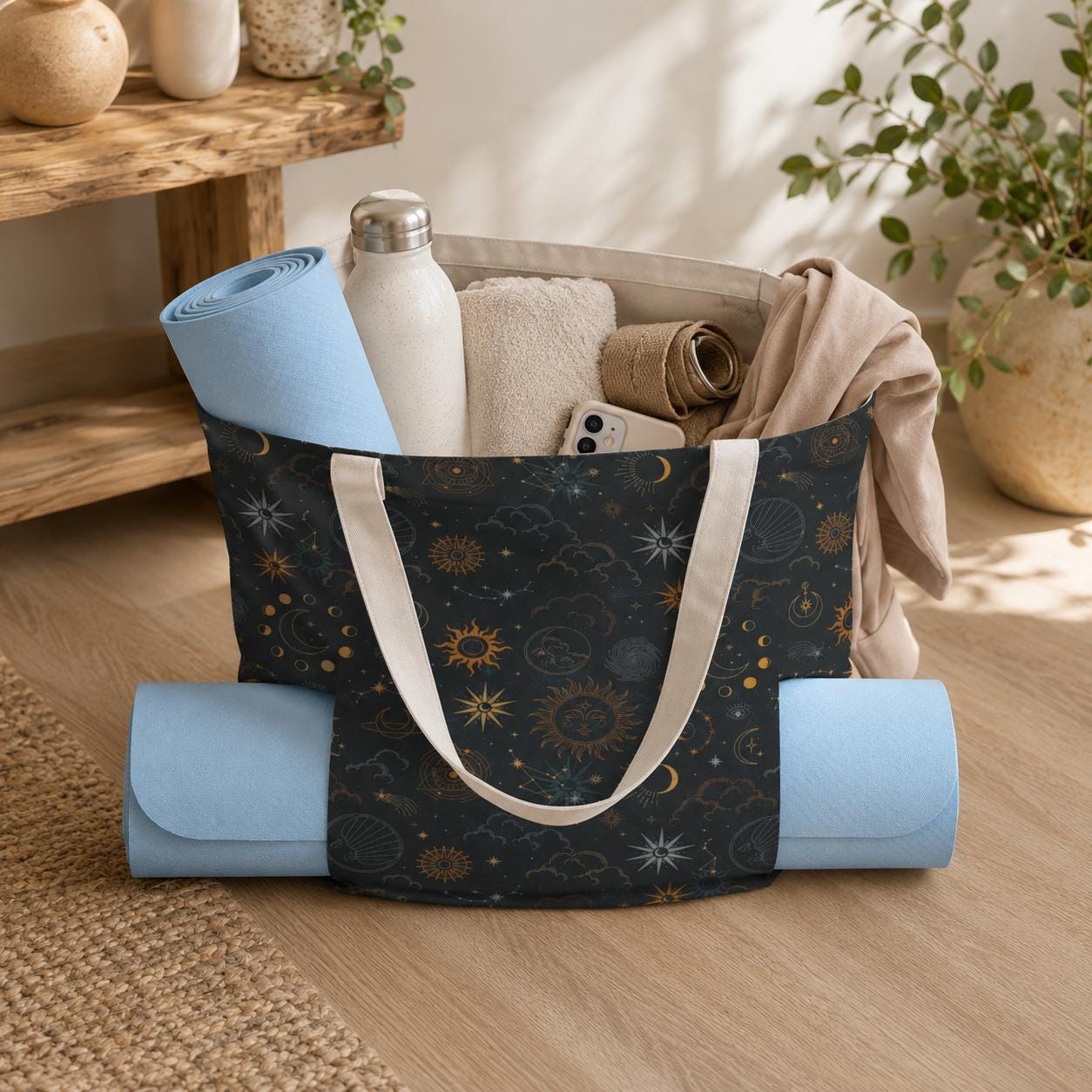 Celestial Yoga Mat Bag, Sun Moon Stars Tote with Strap, Dark Boho Studio Carrier