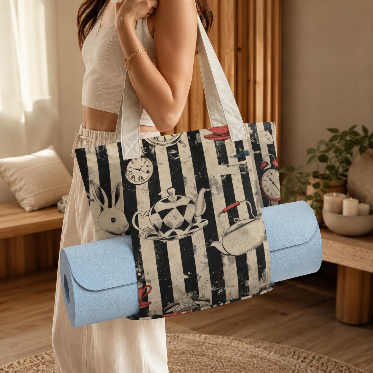 Alice in Wonderland Yoga Mat Bag, Vintage Tea Party Tote, Striped Gym Carrier