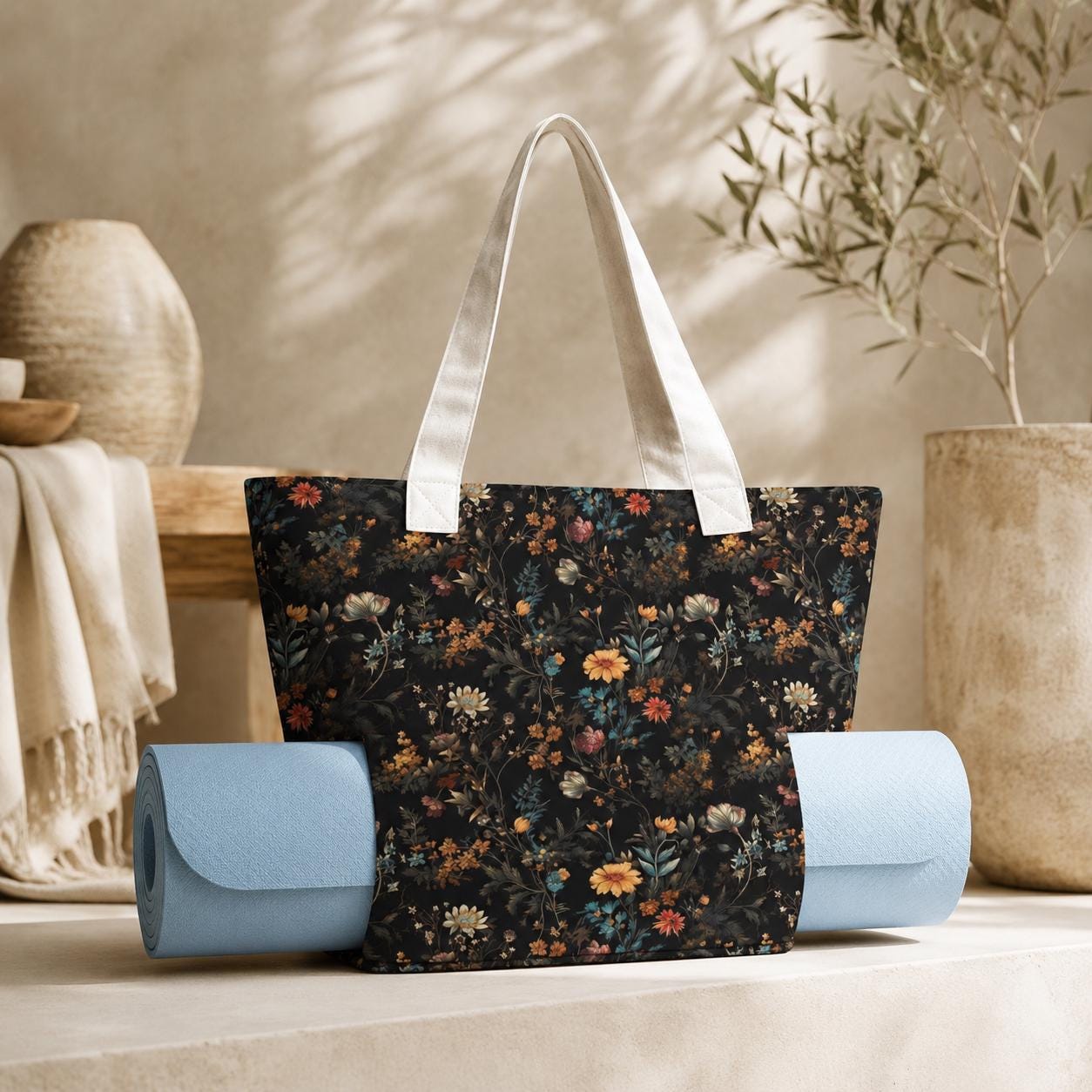 Dark Floral Yoga Mat Bag, Moody Wildflower Botanical Tote Carrier
