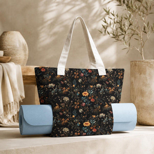Dark Floral Yoga Mat Bag, Moody Wildflower Botanical Tote Carrier