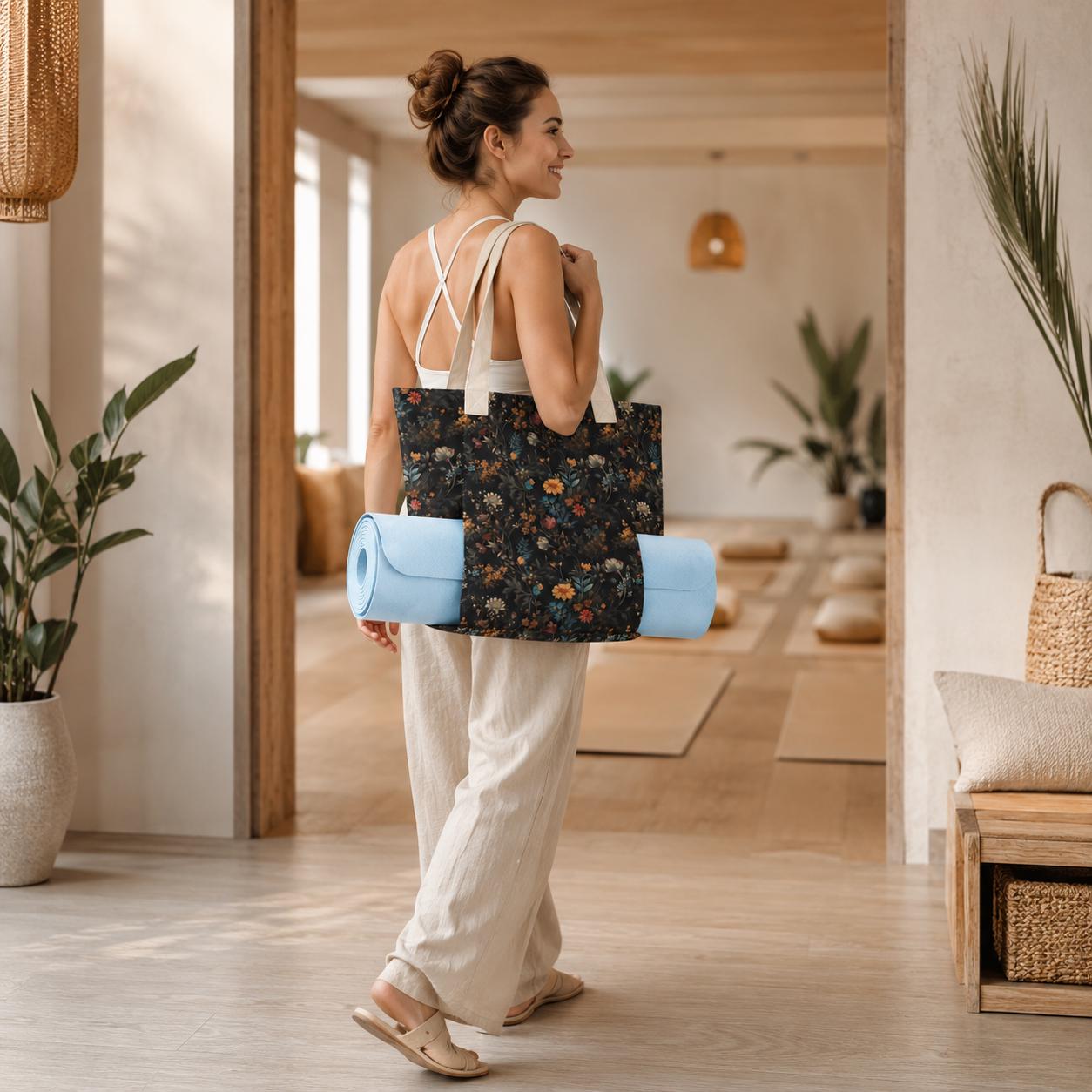 Dark Floral Yoga Mat Bag, Moody Wildflower Botanical Tote Carrier