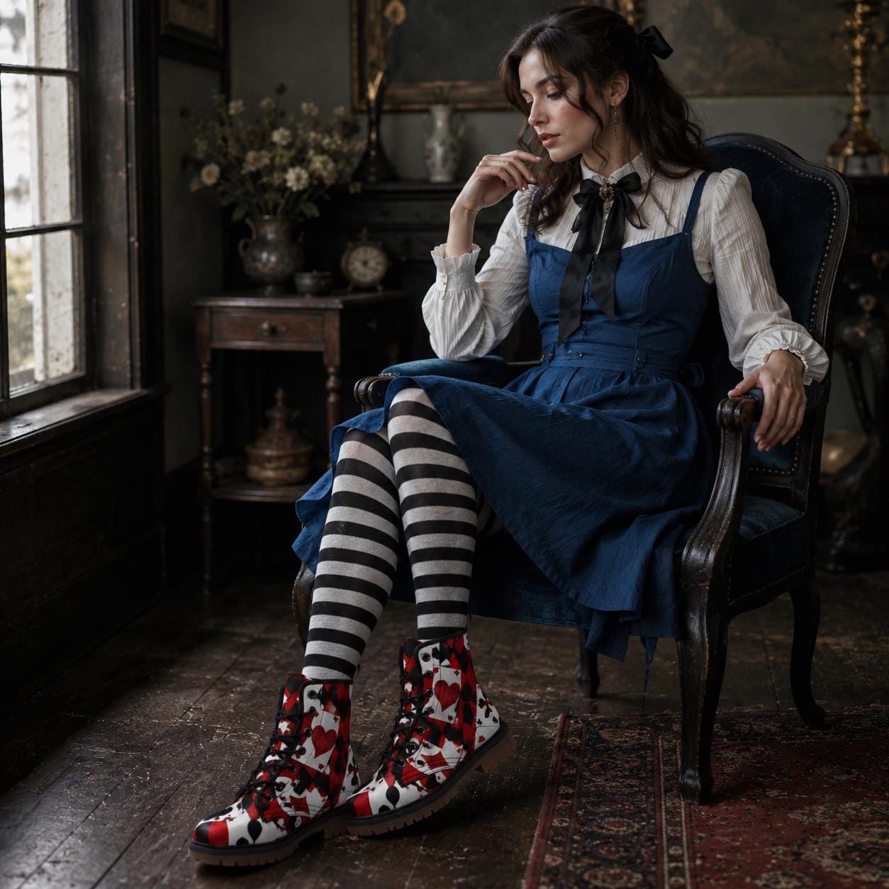 Queen of Hearts Combat Boots, Red Black Card Print Lace Up Shoes