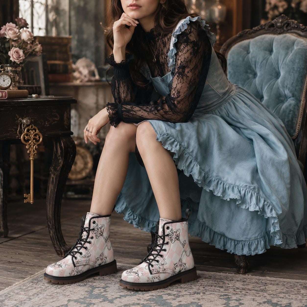 Wonderland Mushroom Combat Boots, Pink Alice Check Lace Up Shoes, Cottagecore Fairycore Print
