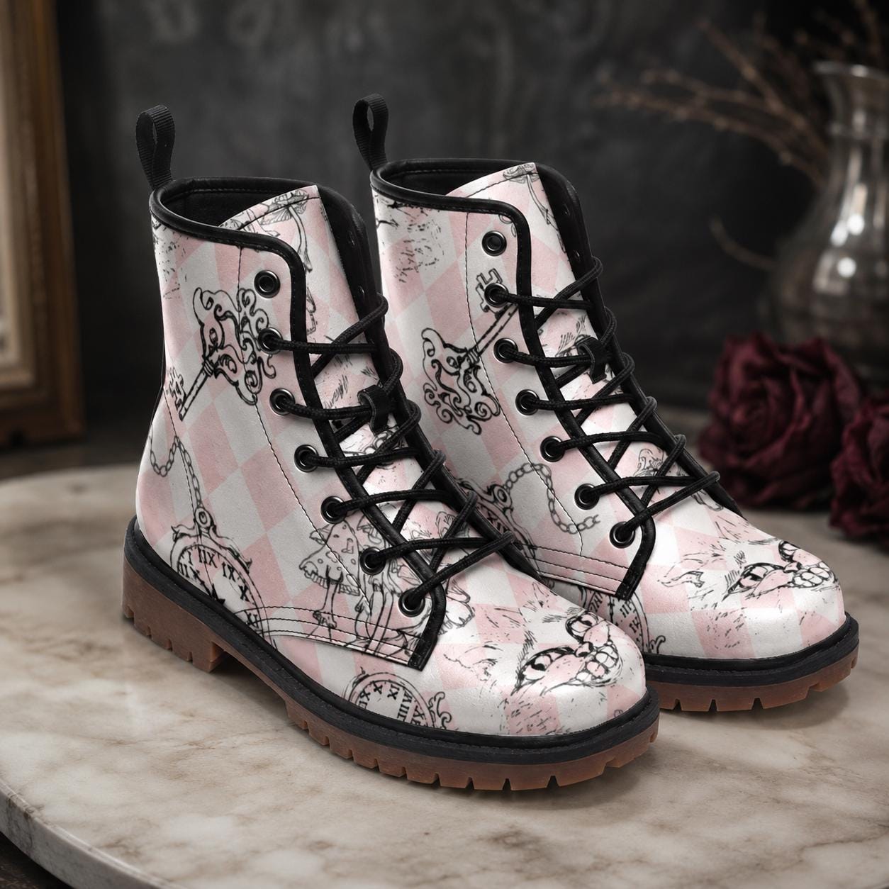 Wonderland Mushroom Combat Boots, Pink Alice Check Lace Up Shoes, Cottagecore Fairycore Print