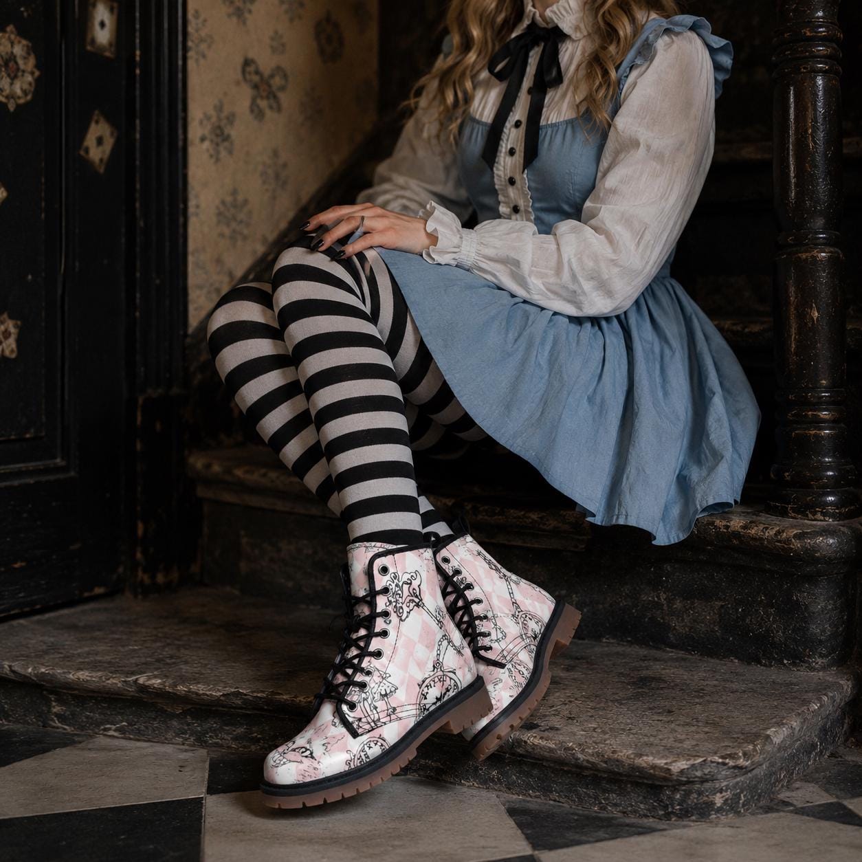 Wonderland Mushroom Combat Boots, Pink Alice Check Lace Up Shoes, Cottagecore Fairycore Print