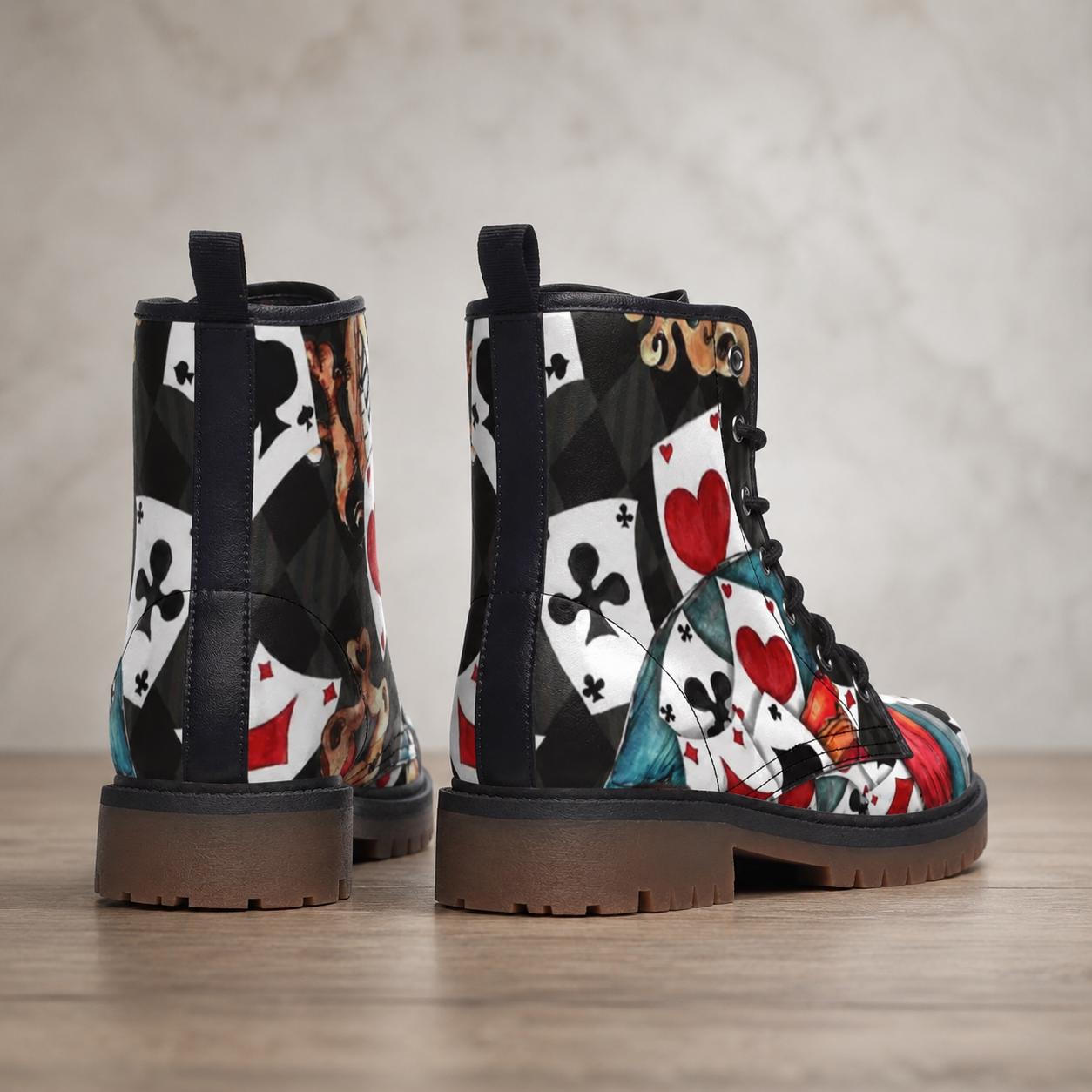 Mad Hatter Watercolor Card Print Combat Boots, Queen of Hearts Lace Up Shoes