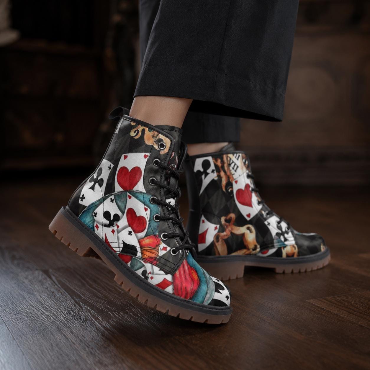 Mad Hatter Watercolor Card Print Combat Boots, Queen of Hearts Lace Up Shoes