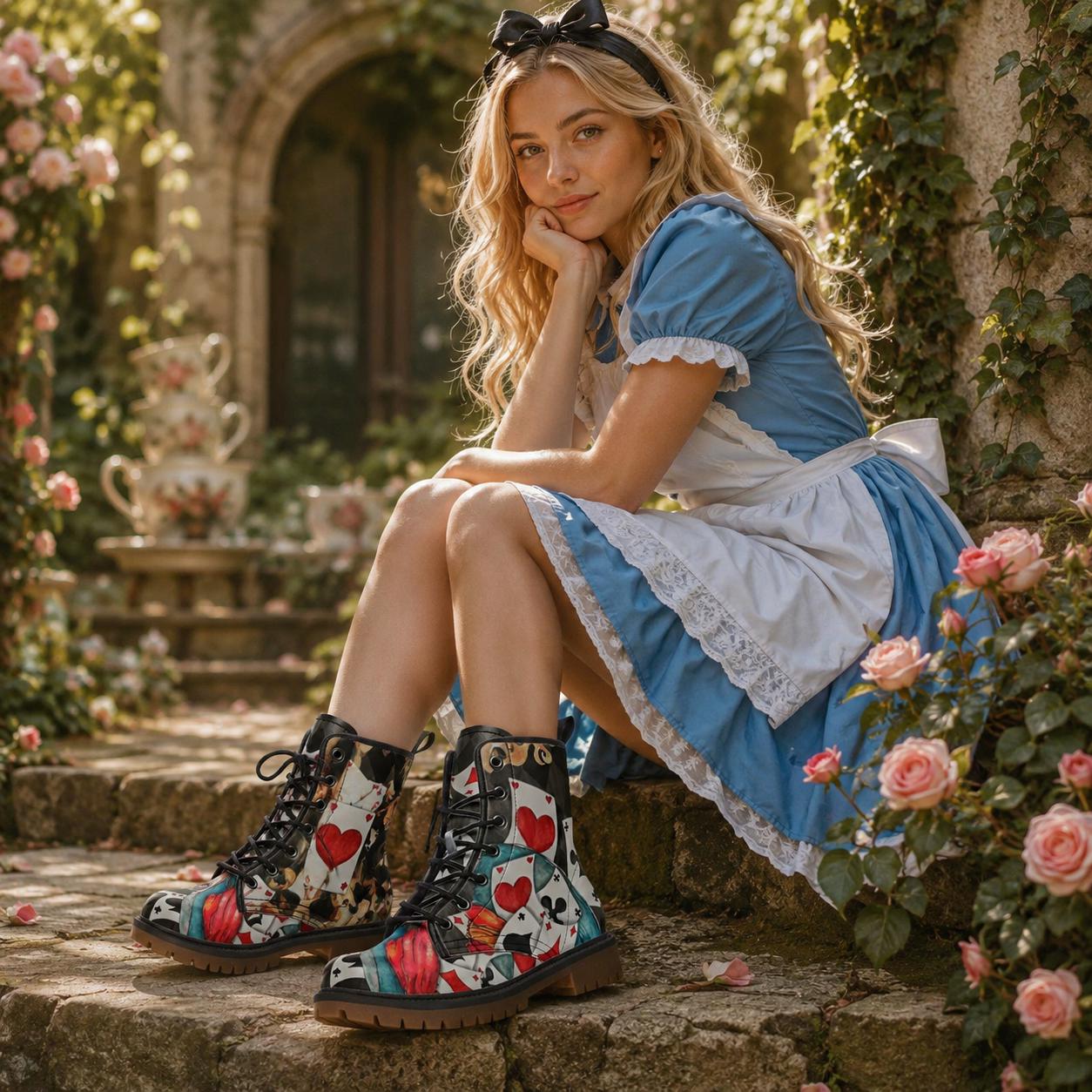 Mad Hatter Watercolor Card Print Combat Boots, Queen of Hearts Lace Up Shoes