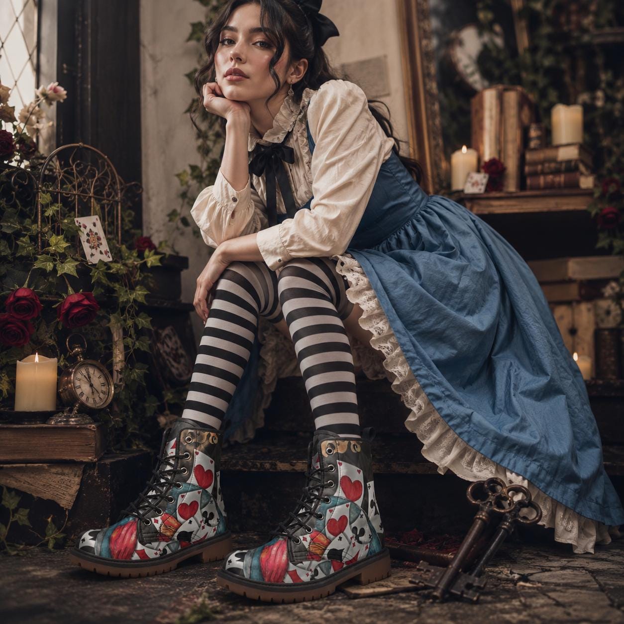 Mad Hatter Watercolor Card Print Combat Boots, Queen of Hearts Lace Up Shoes