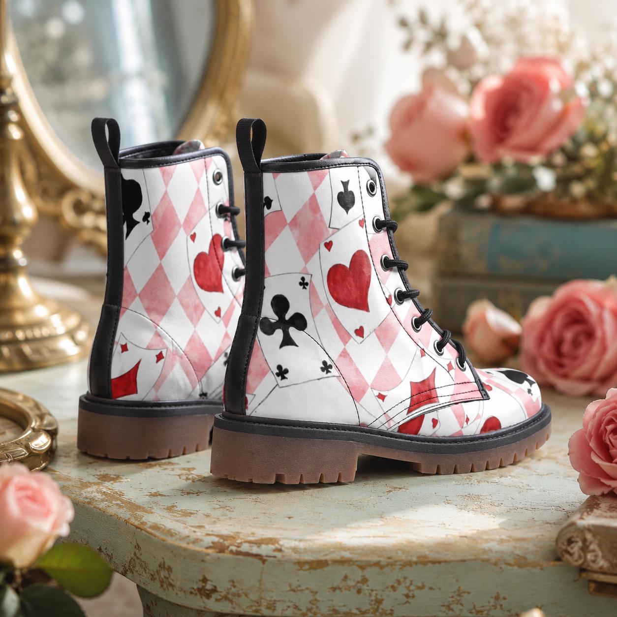 Wonderland Playing Card Combat Boots, Pink Harlequin Check Alice Cosplay Shoes