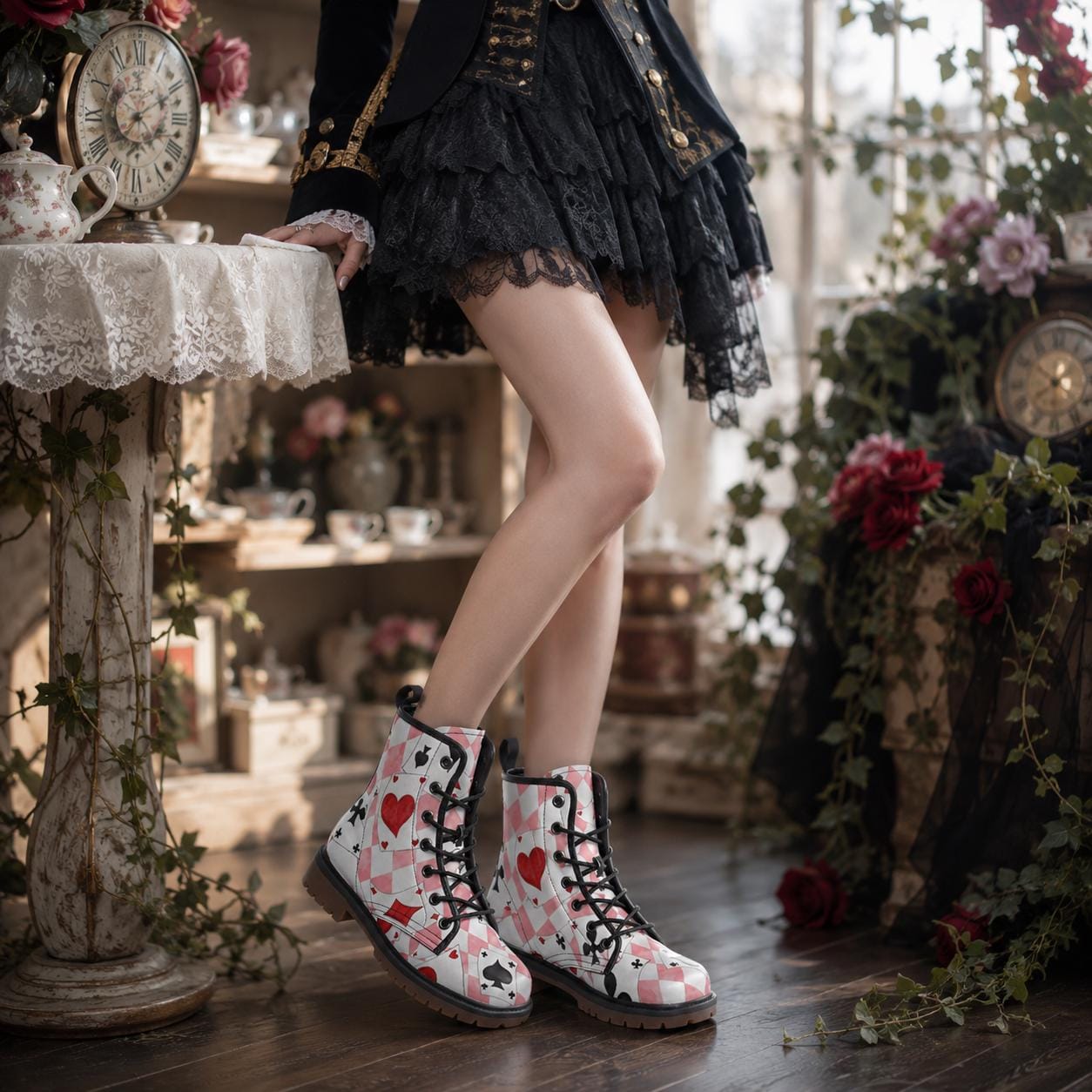 Wonderland Playing Card Combat Boots, Pink Harlequin Check Alice Cosplay Shoes