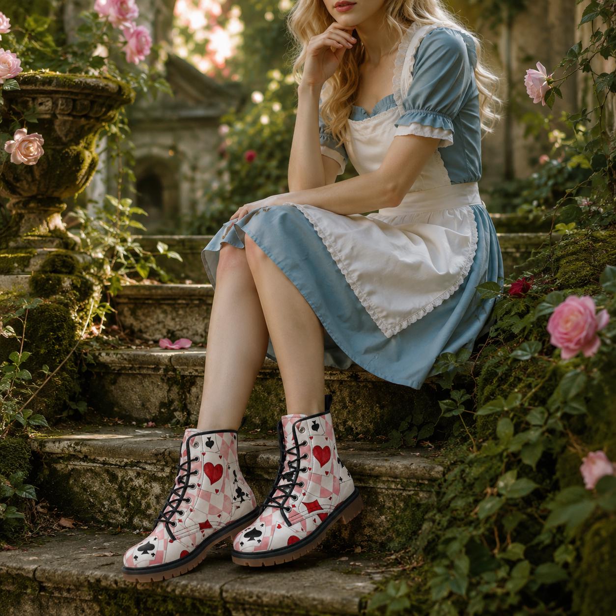 Wonderland Playing Card Combat Boots, Pink Harlequin Check Alice Cosplay Shoes