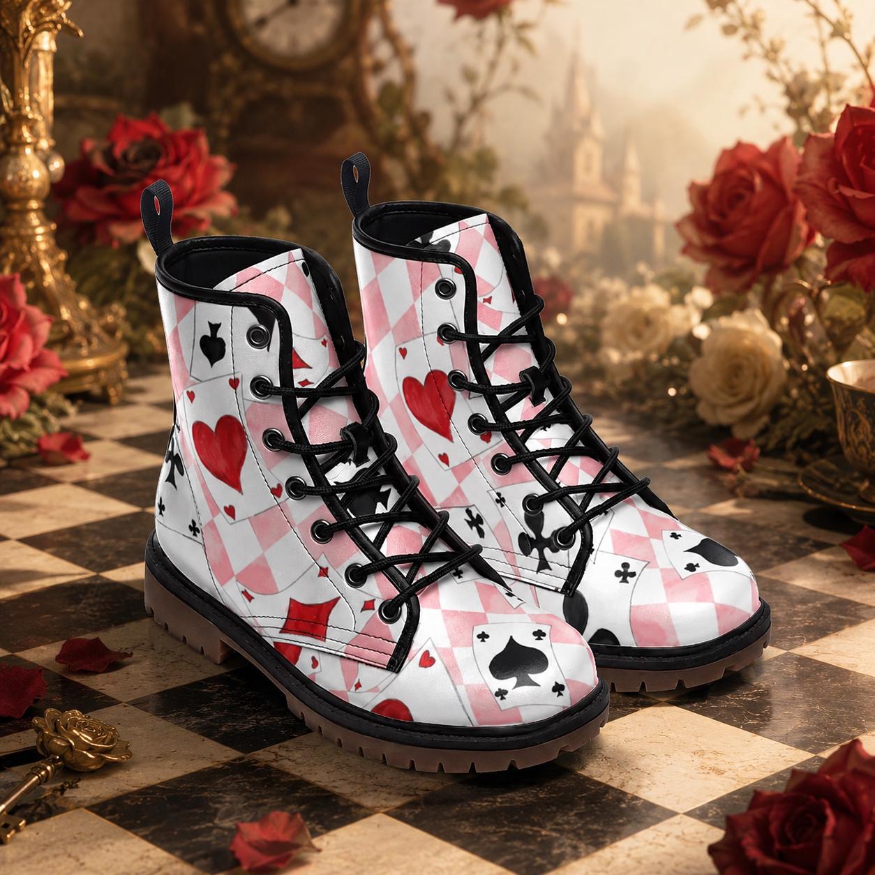Wonderland Playing Card Combat Boots, Pink Harlequin Check Alice Cosplay Shoes