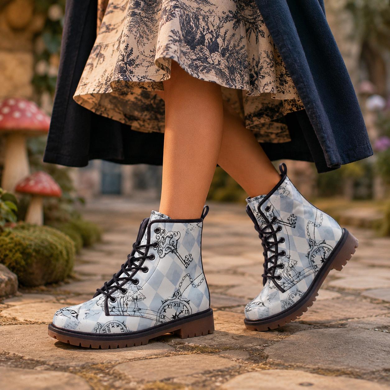 Alice in Wonderland Harlequin Boots, Mushroom Pocket Watch Print, Vegan Leather Lace Up